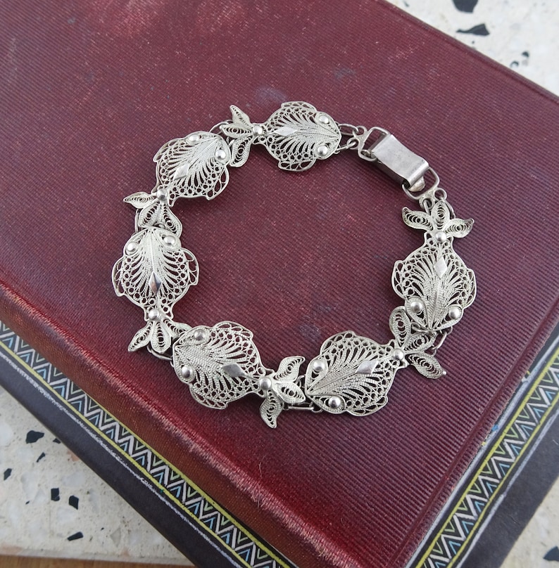 Beach Nautical Jewellery Signed HS 800 Vintage 800 Silver Filigree Fish Panel Bracelet