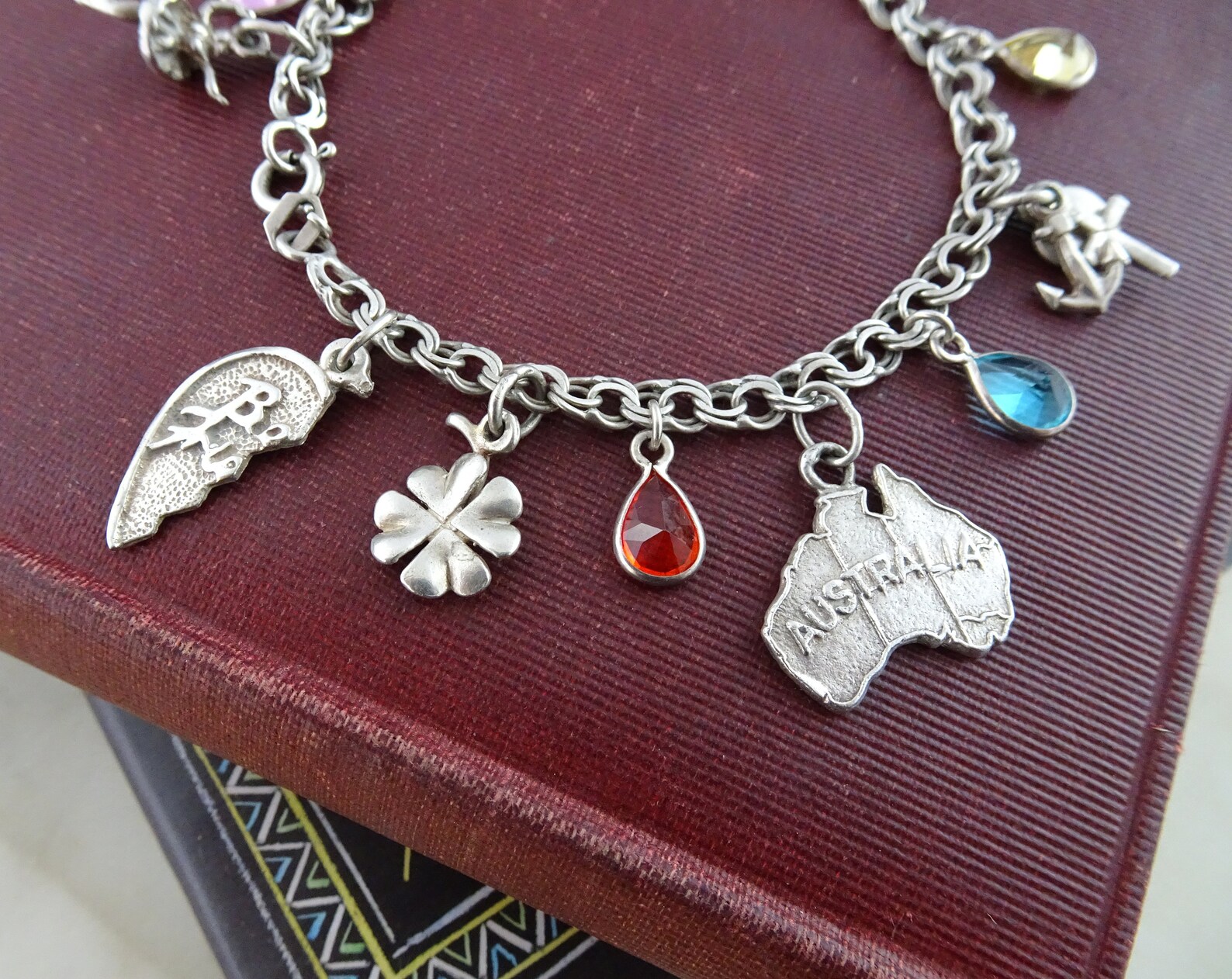 vintage sterling silver charm bracelet, novelty charm bracelet, lots of fun charms, ballet dancer, shoes, map of australia