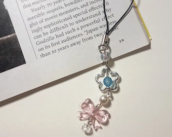 Perlen Schlüsselanhänger Rosa Schleife/Blau Floral | Süßer Y2K Handyanhänger