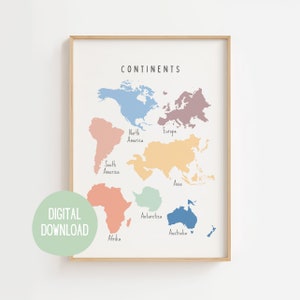 Affiche des continents du monde, impression continent, affiche aquarelle, art mural de pépinière, affiche éducative, affiche MONTESSORI, téléchargement