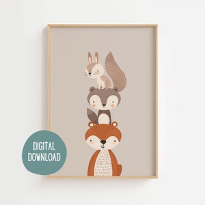 Póster de habitación infantil, póster de pirámide de animales, ardilla, mapache, zorro, póster infantil minimalista, decoración de pared de habitación infantil, DESCARGAR