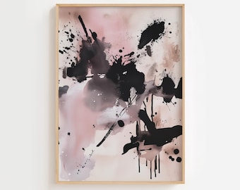 Watercolor Wall Art – Abstract Black & Pink Print – Large Printable Art – Modern Minimalist Orange Painting – Wall Decor - Digital Download