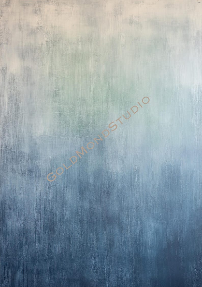 Pode incluir: Pintura abstrata com um gradiente de cores. A obra de arte transita do branco no topo, por tons de verde e azul, para um azul profundo na parte inferior. O texto "GOLDMONOSTUDIO" &eacute; vis&iacute;vel.