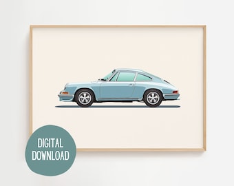 May include: A digital download of a minimalist illustration of a light blue Porsche 911.