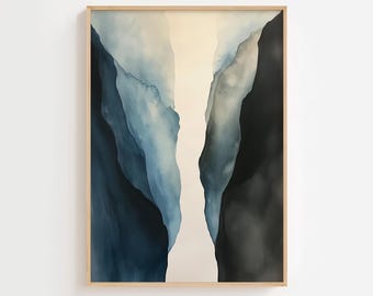 May include: Abstract watercolor painting of a canyon with blue and white hues. The canyon is depicted as a vertical split with a white center and blue and gray edges.