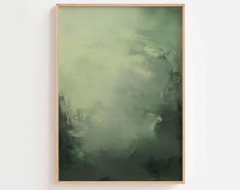 May include: Abstract art print in a wooden frame. The artwork features a blend of green hues, from light to dark, with visible brushstrokes. The painting has a vertical orientation and the text "GOLDMONDSTUDIO" is visible at the bottom.