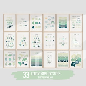 Ensemble d'affiches d'apprentissage, 33 impressions pour l'école à la maison, décoration de classe Montessori, décoration neutre pour enfants, décoration de salle de jeux pour tout-petits, vert, téléchargement numérique