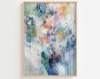 Puede incluir: Impresión artística abstracta en un marco de madera. La obra presenta una vibrante mezcla de colores, incluyendo azul, verde, naranja y morado, con pinceladas texturizadas y patrones punteados. El estilo general es moderno y expresivo.