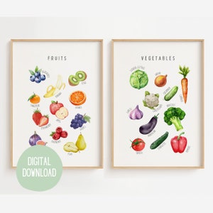 Conjunto de carteles de verduras y frutas, carteles para el aula, arte de pared de la habitación para niños, carteles educativos, carteles MONTESSORI, descarga digital