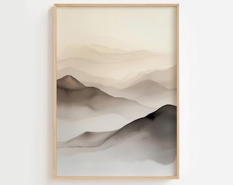 Gray Abstract Landscape Watercolor Art Print - Printable Wall Decor for Living Room and a gift for her or home, DIGITAL DOWNLOAD