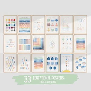 Lernposter-Set, 33 Heimschuldrucke, Montessori-Klassenzimmerdekor, neutrales Kinderdekor, Kleinkind-Spielzimmerdekor, digitaler Download