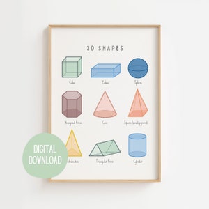 Poster di forme 3D, forme tridimensionali, stampa 3D, arte da parete stampabile per la camera dei bambini, arte da parete educativa, poster MONTESSORI, download