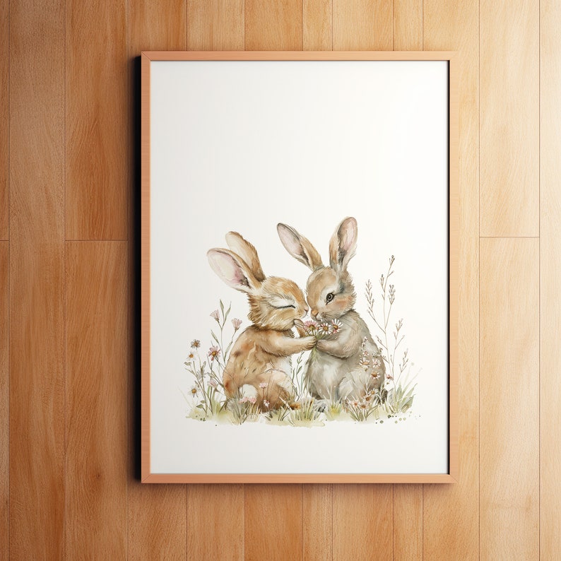 Watercolor Rabbit Poster, Rabbit Wildflowers Poster, Cute Rabbits With ...