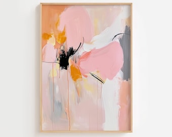 Puede incluir: Impresión artística abstracta en un marco de madera. La obra presenta una mezcla de pinceladas rosas, blancas, naranjas, negras y grises. La pintura tiene una estética suave y fluida con textura visible y un estilo moderno. El nombre del artista, GOLDMONDSTUDIO, está impreso en la parte inferior.