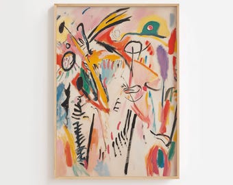 Puede incluir: Impresión de arte abstracto con una composición colorida de líneas, formas y colores, incluyendo amarillo, rojo, azul, verde y negro. La impresión está enmarcada en un marco de madera claro.