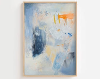 Puede incluir: Impresión artística abstracta en un marco de madera clara. La obra presenta una mezcla de pinceladas azules, naranjas y blancas, con acentos azul oscuro y amarillos. El texto "GOLDMONDSTUDIO" es visible en la parte inferior.