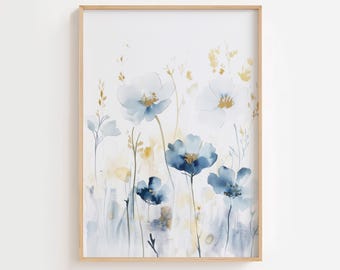 Watercolor Flower Poster Blue Yellow – Printable Abstract Flower Art Print – Modern Minimalist Teal Painting – Wall Decor - Digital Download