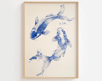 Blue Koi Print, Japanese Print, Vintage Print, Trendy Wall Art, Aesthetic Wall Art, Japanese Art Print, Koi Fish Print, DIGITAL DOWNLOAD