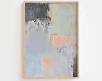 May include: Abstract art print in a wooden frame. The artwork features a layered composition of colors, including gray, black, light blue, pink, and yellow. The painting has a textured appearance with visible brushstrokes. The text "GOLDMONDSTUDIO" is at the bottom.