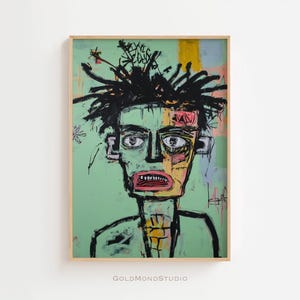 Könnte beinhalten: Abstrakter Porträtdruck mit grünem Hintergrund und einer Figur mit schwarzen Dreadlocks. Das Gesicht ist in gelbe und grüne Abschnitte unterteilt, mit roten Akzenten und einem weit geöffneten Mund. Das Kunstwerk ist in einem hellen Holzrahmen gerahmt.