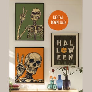 Halloween Poster Set, Halloween Decoration, Skeleton Poster, Halloween Decor, Vintage Poster, set of 3, funny prints, DIGITAL DOWNLOAD