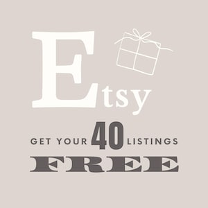 May include: A light beige graphic with the Etsy logo and the text "Get Your 40 Listings Free". A simple line drawing of a gift box is in the upper right corner. The text is in white and dark grey.