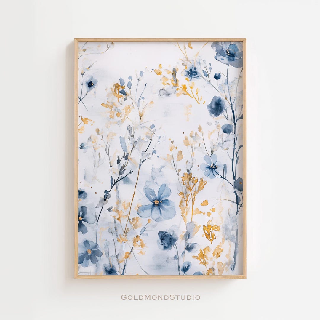 Watercolor Flower Poster Blue Yellow – Printable Abstract Flower Art ...