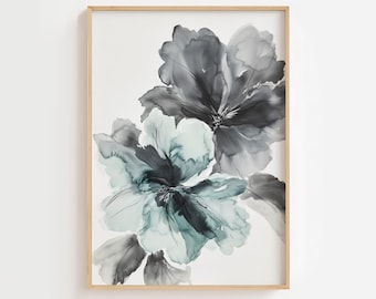 Watercolor Flower Poster Grey Teal – Printable Abstract Flower Art Print – Modern Minimalist Teal Painting – Wall Decor - Digital Download
