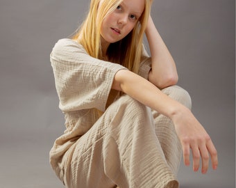 100% Muslin Blouse and Trousers Set for Youth - Handcrafted Comfort in Every Stitch