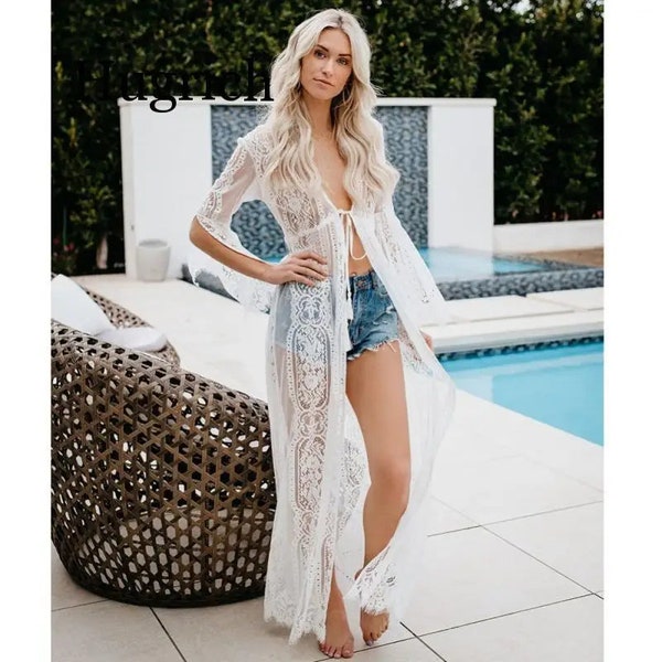 Women's Long Sleeve Cover Up | See-Through Kimono Lace | Stylish Beachwear Cover Maxi Dress Cover Maxi Dress