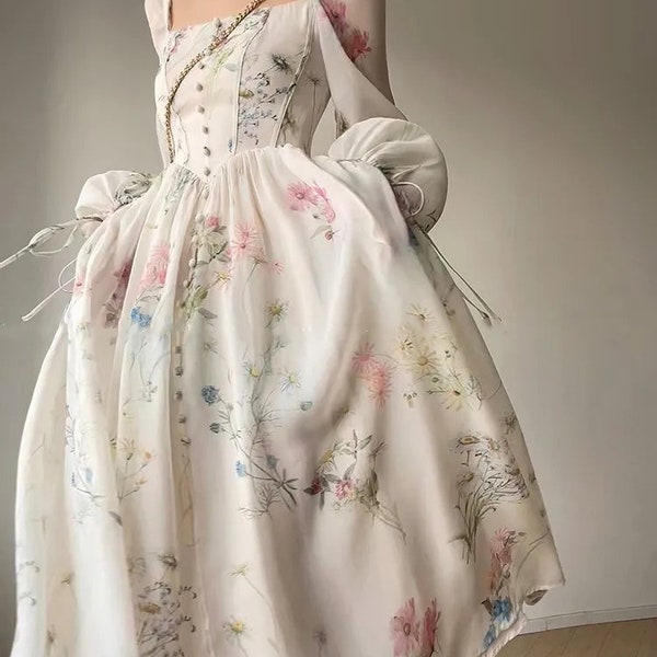 Chiffon Long Sleeve Dress | Floral Print Tulle Prom Attire | Evening Party Midi Dress | Gift for Her