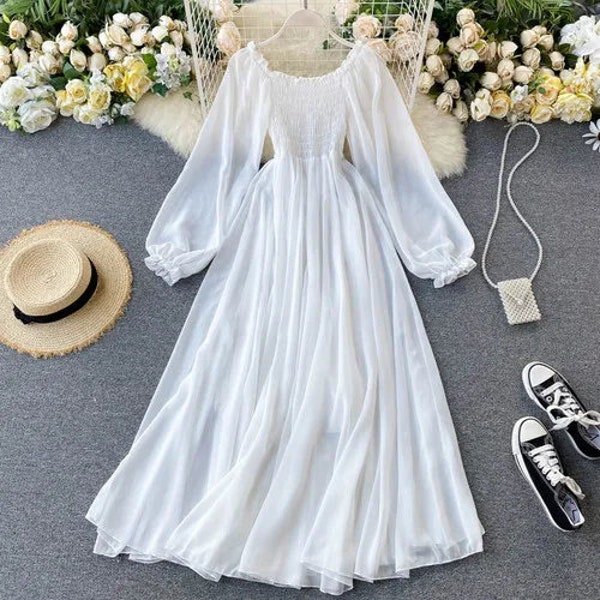 Cute White Summer Cardigan Long Dress, Puff Sleeves Empire Waist Dress, Boho Maxi Dress, Flowy Dress | A-line Ladies Dress