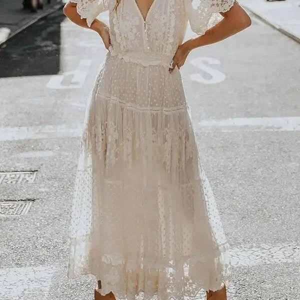 Bohemian Midi Dress | White Bohemian Dress | Solid Dress | Solid Party Dress | Sleeveless Dress with V neck Collar | Summer Chic Boho Dress