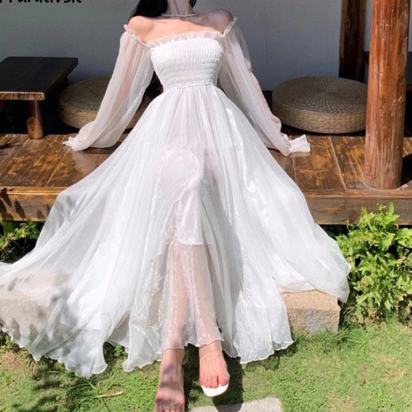 Women Spring Summer Long White Maxi Dress Gift for Her