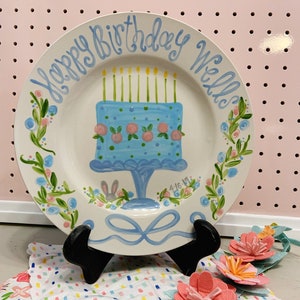 Birthday Plate // Flowers, ribbons and bunny Personalized First Birthday Plate, baby girl Custom handpainted, Preppy bonnet