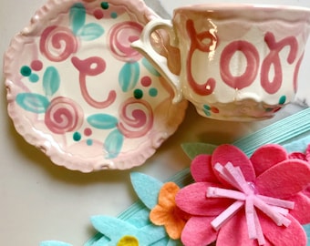 Personalized Tea party favors // Shabby Chic Tea Party  // Vintage Looking Pink and Aqua Personalized Tea Cup Sets