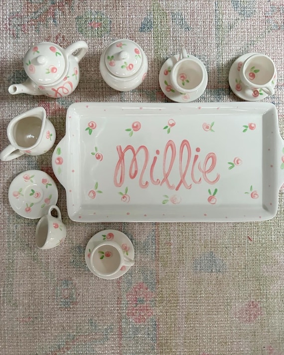 little girls personalized tea set with tray // Lets have some tea // pink roses design