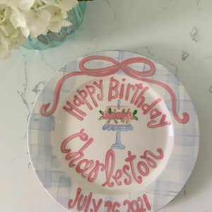 Girls preppy birthday plate // Blue gingham and ribbon // first birthday // pink and white // smash cake // 1st birthday // grand millennial image 2