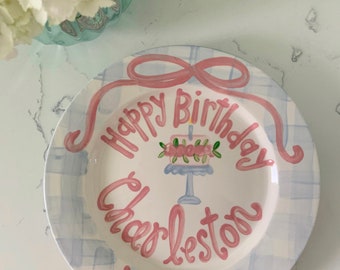 Girls preppy birthday plate / Blue gingham and ribbon bow / first birthday // pink and white // smash cake / 1st birthday / grand millennial
