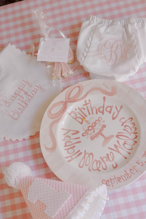 Personalized Birthday Plate, Hand-Painted Ceramic Heirloom bows, gingham and pedestal cake