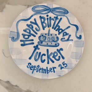 Boys preppy birthday plate // blue gingham and ribbon // first birthday // blue and white // smash cake // 1st birthday // grand millennial image 9