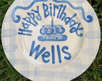 Boys preppy birthday plate / blue gingham and ribbon / first birthday / blue and white // smash cake // 1st birthday // grand millennial bow