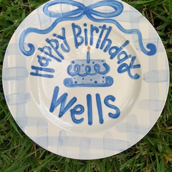 Personalized Preppy Birthday Plate: Blue Gingham Ceramic, First Birthday Gift