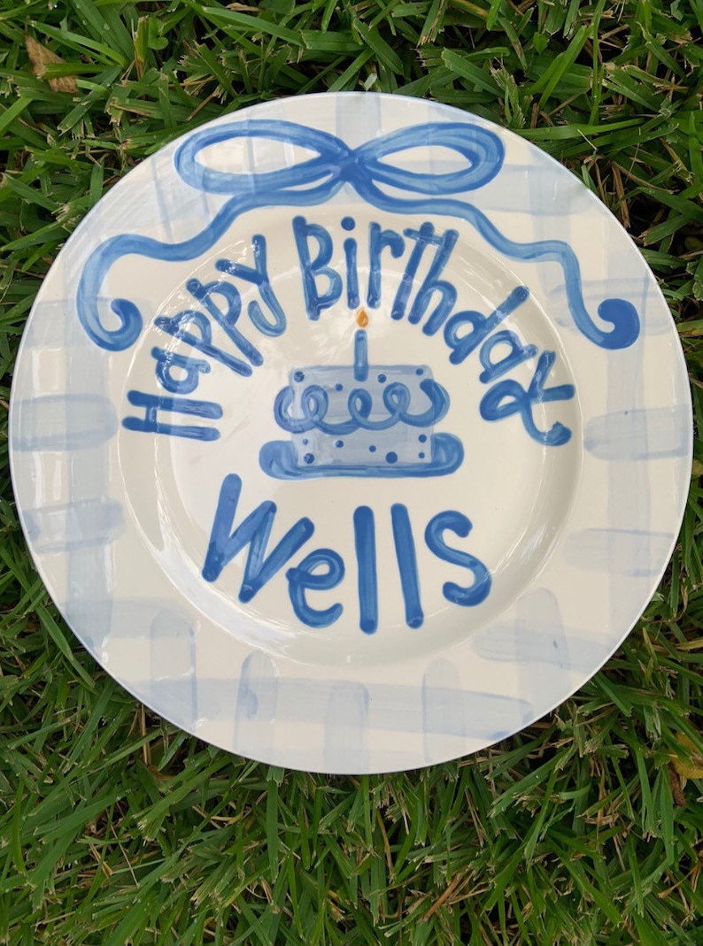 Boys preppy birthday plate // blue gingham and ribbon // first birthday // blue and white // smash cake // 1st birthday // grand millennial image 1