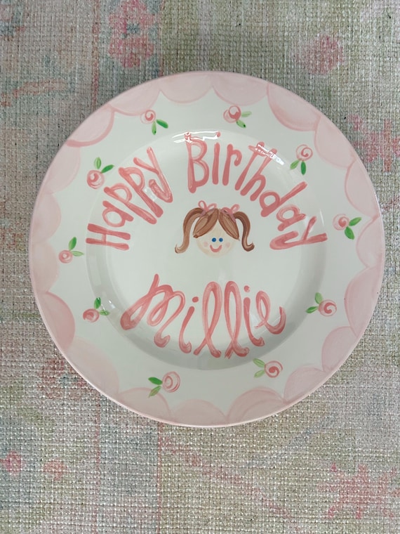 Birthday Plate // portrait Flowers & Scallops Personalized First Birthday Plate Plate, Custom handpainted, Lilly inspired child’s face girls