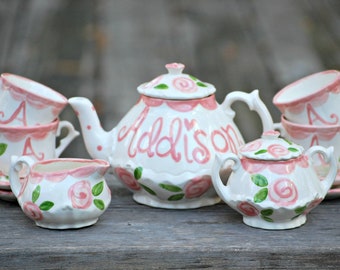 Personalized Tea Set for Little Girls: Hand-Painted Ceramic Tea Party