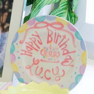 Girls Birthday Plate // Pastel Colors Scallops and Bow  Personalized First Birthday Plate Plate, Custom handpainted, ceramic kiln fired