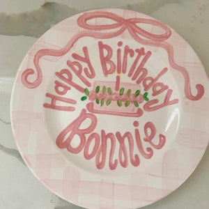 Girls preppy birthday plate // pink gingham and ribbon // first birthday // pink and white // smash cake // 1st birthday // grand millennial image 5