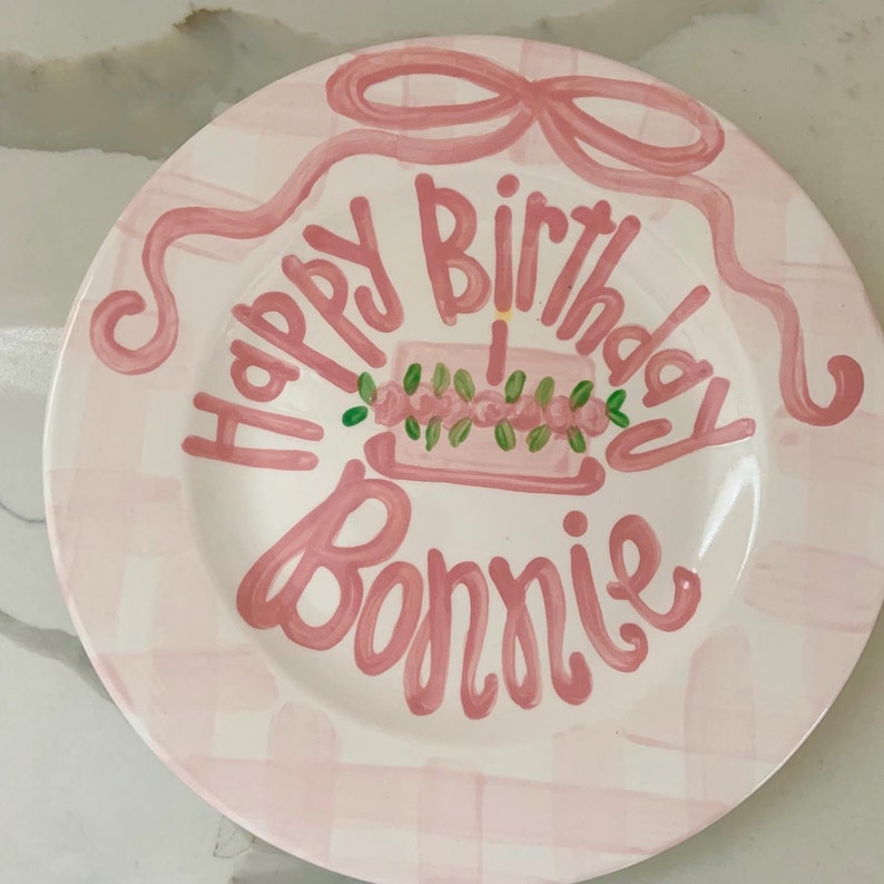 Girls preppy birthday plate // pink gingham and ribbon // first birthday // pink and white // smash cake // 1st birthday // grand millennial image 5