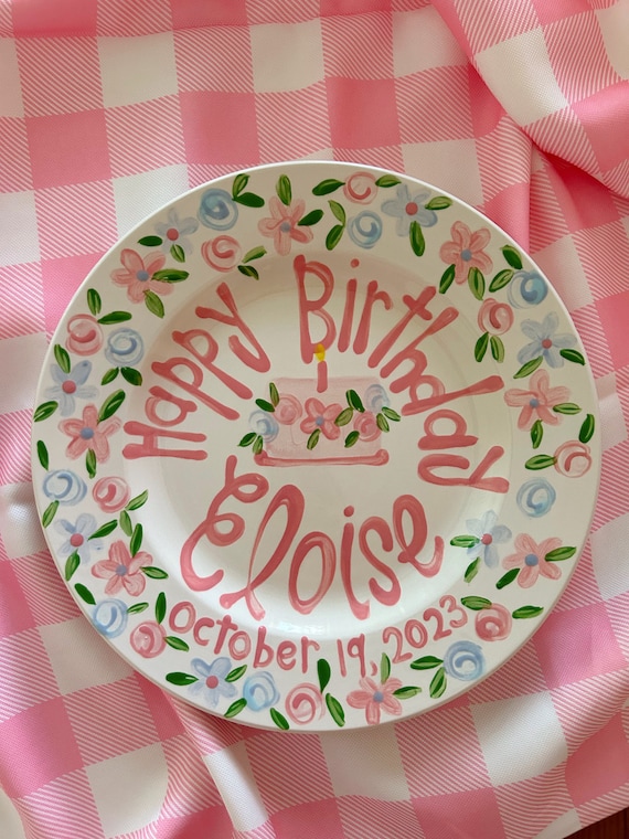 Girls Birthday Plate // pink and blue flowers  Personalized First Birthday  Plate, Custom handpainted // coquette // roses wildflowers